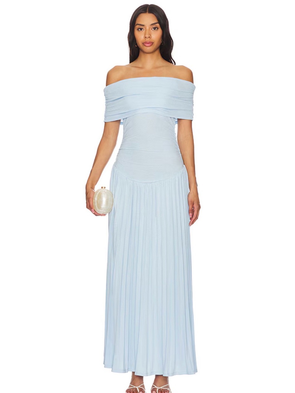 Lioness Off-Shoulder Pale Blue Pleated Maxi Dress